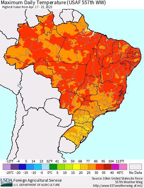 Brazil Maximum Daily Temperature (USAF 557th WW) Thematic Map For 4/17/2023 - 4/23/2023