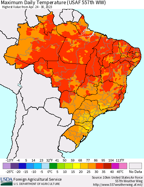Brazil Maximum Daily Temperature (USAF 557th WW) Thematic Map For 4/24/2023 - 4/30/2023