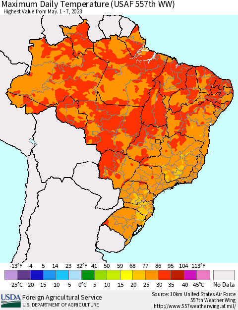 Brazil Maximum Daily Temperature (USAF 557th WW) Thematic Map For 5/1/2023 - 5/7/2023