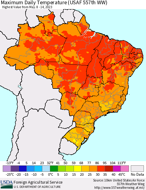 Brazil Maximum Daily Temperature (USAF 557th WW) Thematic Map For 5/8/2023 - 5/14/2023