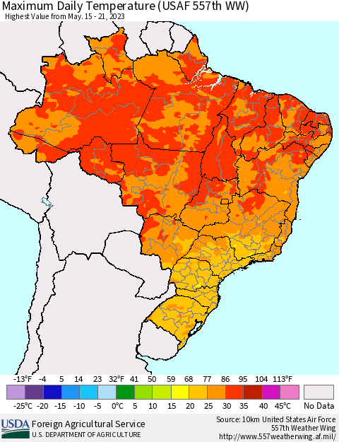 Brazil Maximum Daily Temperature (USAF 557th WW) Thematic Map For 5/15/2023 - 5/21/2023