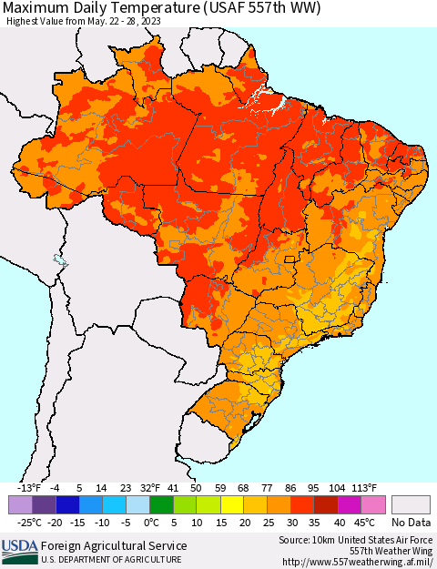 Brazil Maximum Daily Temperature (USAF 557th WW) Thematic Map For 5/22/2023 - 5/28/2023