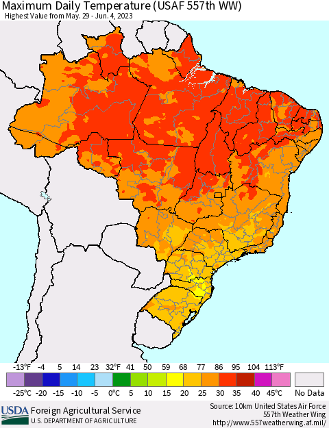 Brazil Maximum Daily Temperature (USAF 557th WW) Thematic Map For 5/29/2023 - 6/4/2023