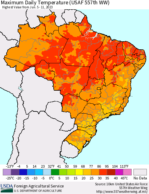 Brazil Maximum Daily Temperature (USAF 557th WW) Thematic Map For 6/5/2023 - 6/11/2023