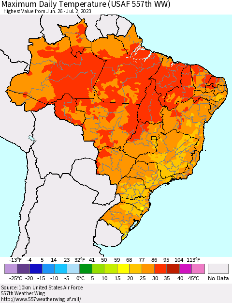 Brazil Maximum Daily Temperature (USAF 557th WW) Thematic Map For 6/26/2023 - 7/2/2023