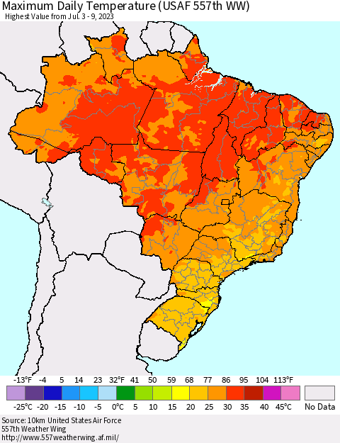 Brazil Maximum Daily Temperature (USAF 557th WW) Thematic Map For 7/3/2023 - 7/9/2023