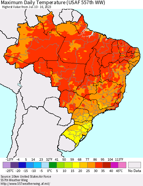 Brazil Maximum Daily Temperature (USAF 557th WW) Thematic Map For 7/10/2023 - 7/16/2023