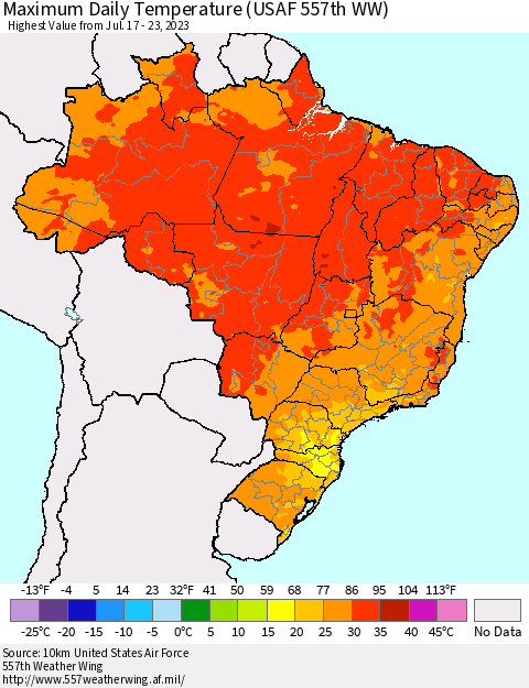 Brazil Maximum Daily Temperature (USAF 557th WW) Thematic Map For 7/17/2023 - 7/23/2023