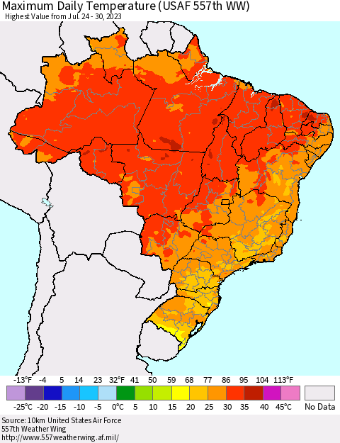 Brazil Maximum Daily Temperature (USAF 557th WW) Thematic Map For 7/24/2023 - 7/30/2023