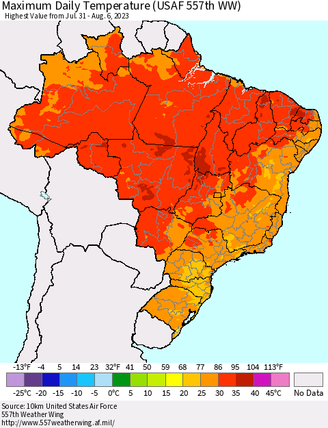 Brazil Maximum Daily Temperature (USAF 557th WW) Thematic Map For 7/31/2023 - 8/6/2023