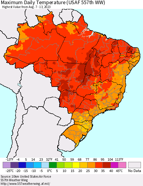 Brazil Maximum Daily Temperature (USAF 557th WW) Thematic Map For 8/7/2023 - 8/13/2023
