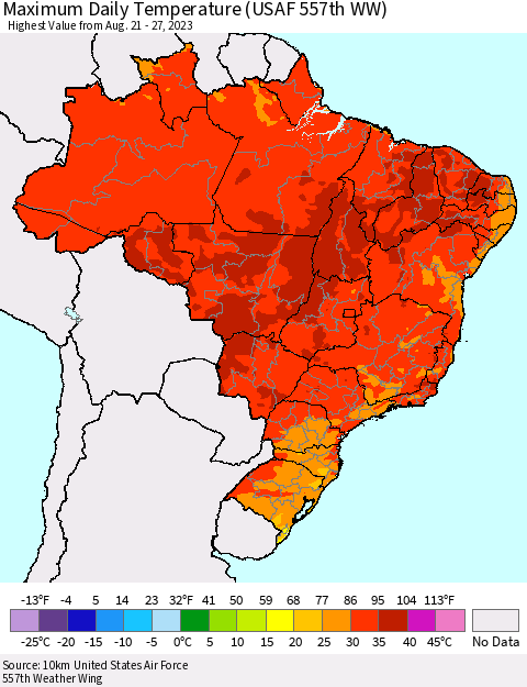 Brazil Maximum Daily Temperature (USAF 557th WW) Thematic Map For 8/21/2023 - 8/27/2023