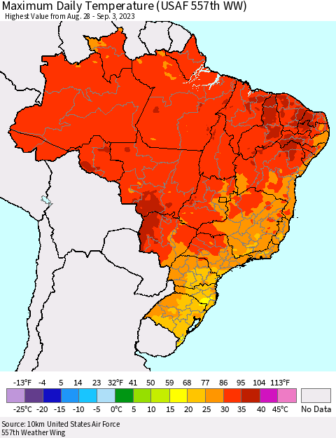 Brazil Maximum Daily Temperature (USAF 557th WW) Thematic Map For 8/28/2023 - 9/3/2023