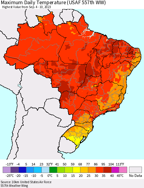 Brazil Maximum Daily Temperature (USAF 557th WW) Thematic Map For 9/4/2023 - 9/10/2023