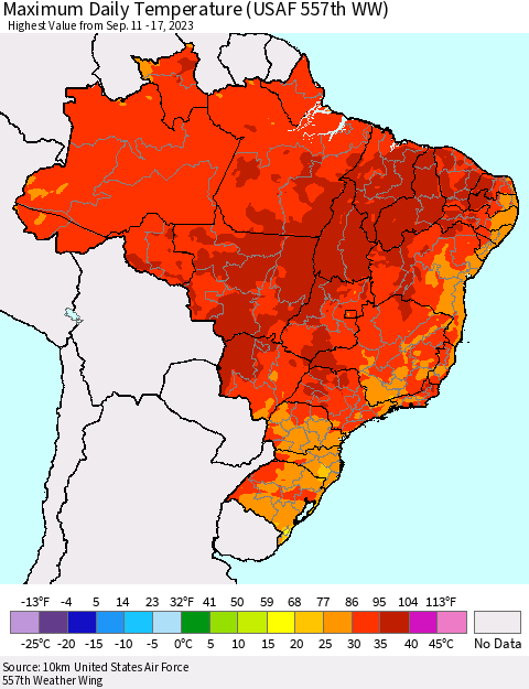 Brazil Maximum Daily Temperature (USAF 557th WW) Thematic Map For 9/11/2023 - 9/17/2023