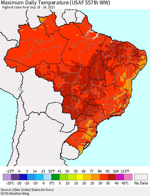 Brazil Maximum Daily Temperature (USAF 557th WW) Thematic Map For 9/18/2023 - 9/24/2023