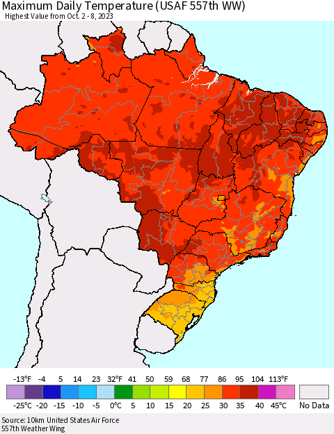 Brazil Maximum Daily Temperature (USAF 557th WW) Thematic Map For 10/2/2023 - 10/8/2023