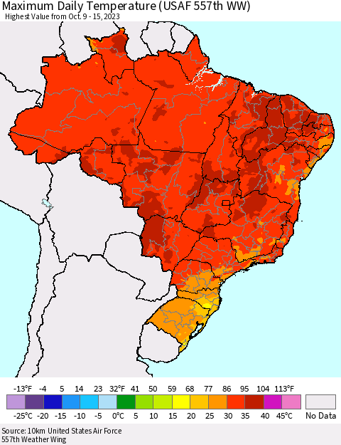 Brazil Maximum Daily Temperature (USAF 557th WW) Thematic Map For 10/9/2023 - 10/15/2023