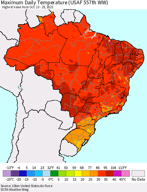 Brazil Maximum Daily Temperature (USAF 557th WW) Thematic Map For 10/23/2023 - 10/29/2023