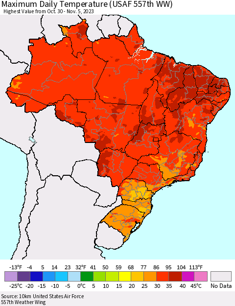Brazil Maximum Daily Temperature (USAF 557th WW) Thematic Map For 10/30/2023 - 11/5/2023