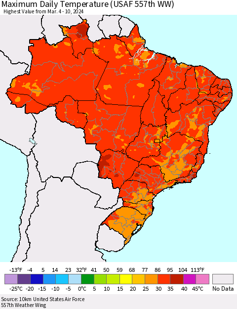 Brazil Maximum Daily Temperature (USAF 557th WW) Thematic Map For 3/4/2024 - 3/10/2024