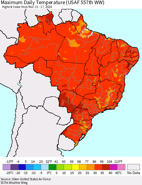 Brazil Maximum Daily Temperature (USAF 557th WW) Thematic Map For 3/11/2024 - 3/17/2024