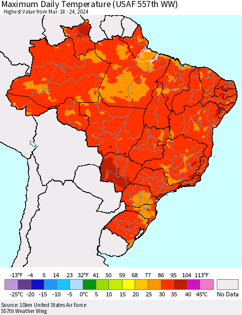 Brazil Maximum Daily Temperature (USAF 557th WW) Thematic Map For 3/18/2024 - 3/24/2024