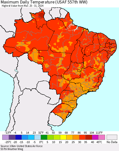 Brazil Maximum Daily Temperature (USAF 557th WW) Thematic Map For 3/25/2024 - 3/31/2024