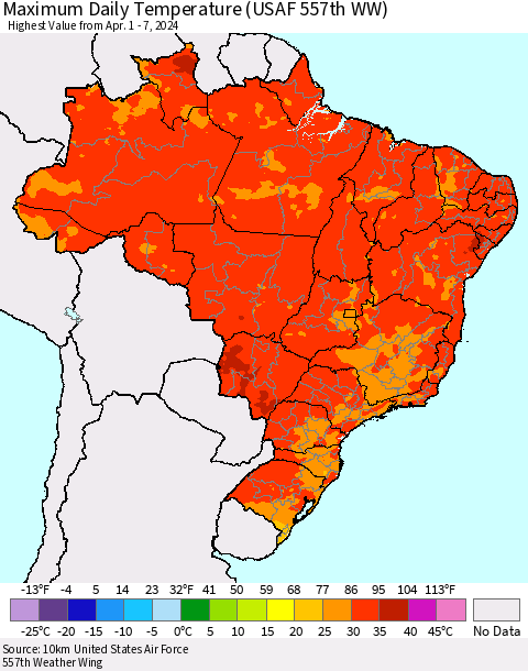 Brazil Maximum Daily Temperature (USAF 557th WW) Thematic Map For 4/1/2024 - 4/7/2024