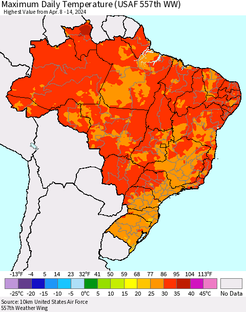 Brazil Maximum Daily Temperature (USAF 557th WW) Thematic Map For 4/8/2024 - 4/14/2024