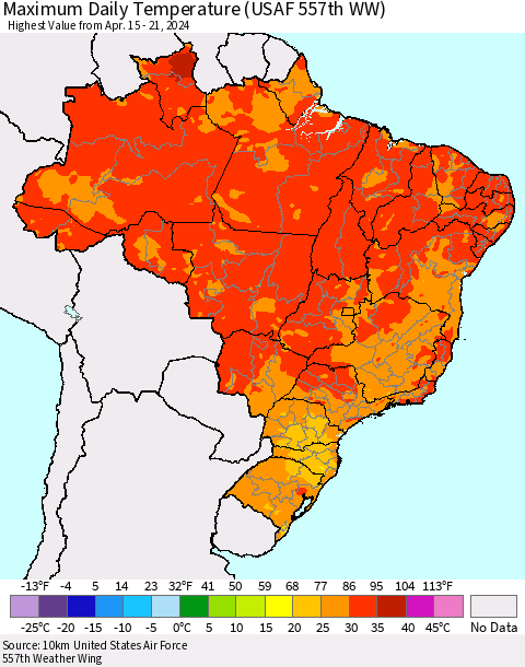 Brazil Maximum Daily Temperature (USAF 557th WW) Thematic Map For 4/15/2024 - 4/21/2024