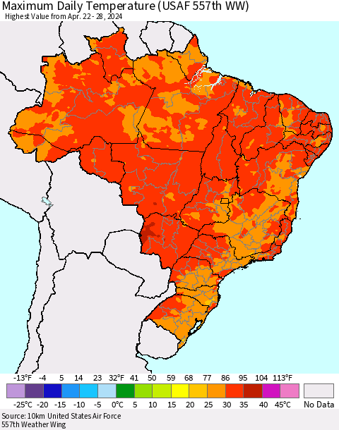 Brazil Maximum Daily Temperature (USAF 557th WW) Thematic Map For 4/22/2024 - 4/28/2024