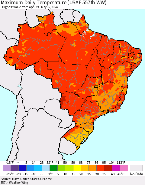 Brazil Maximum Daily Temperature (USAF 557th WW) Thematic Map For 4/29/2024 - 5/5/2024