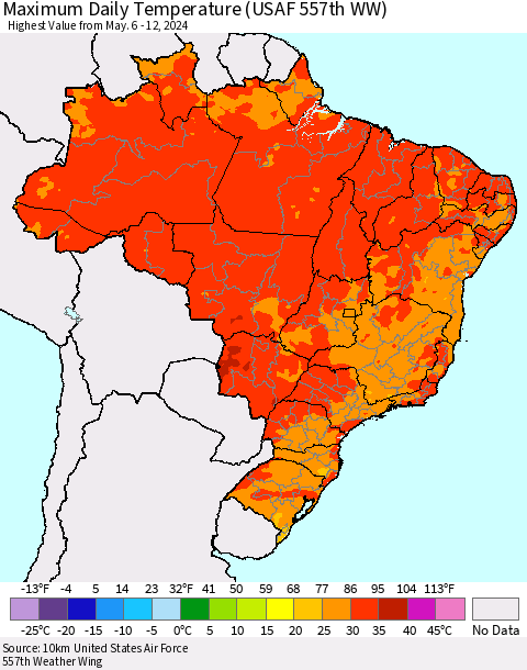 Brazil Maximum Daily Temperature (USAF 557th WW) Thematic Map For 5/6/2024 - 5/12/2024