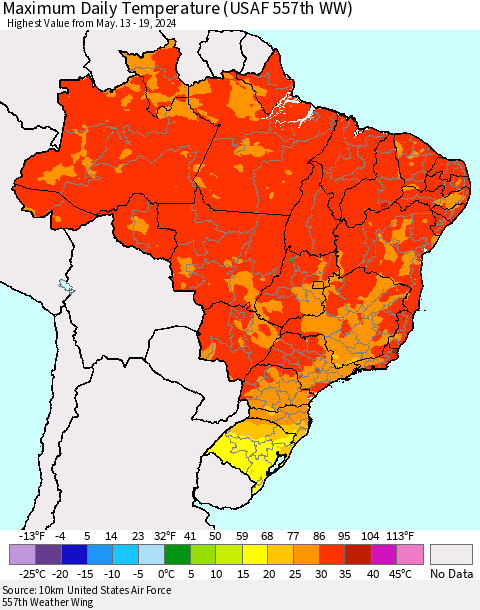 Brazil Maximum Daily Temperature (USAF 557th WW) Thematic Map For 5/13/2024 - 5/19/2024