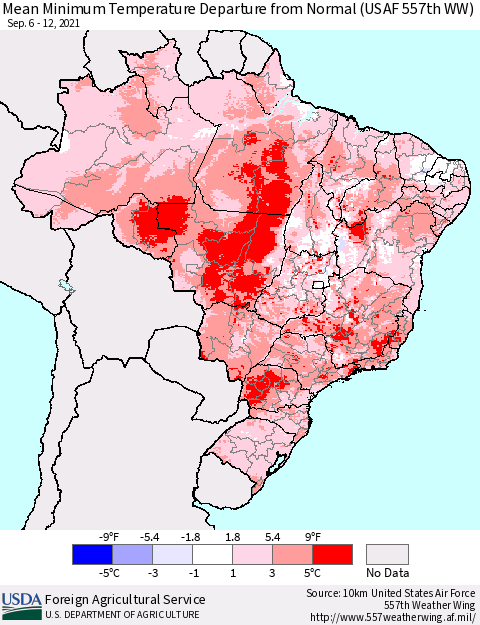 Brazil Mean Minimum Temperature Departure from Normal (USAF 557th WW) Thematic Map For 9/6/2021 - 9/12/2021
