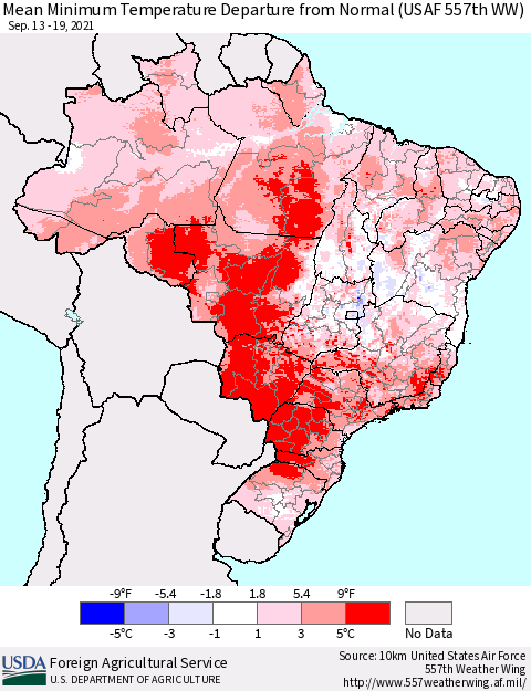 Brazil Mean Minimum Temperature Departure from Normal (USAF 557th WW) Thematic Map For 9/13/2021 - 9/19/2021
