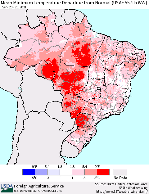 Brazil Mean Minimum Temperature Departure from Normal (USAF 557th WW) Thematic Map For 9/20/2021 - 9/26/2021