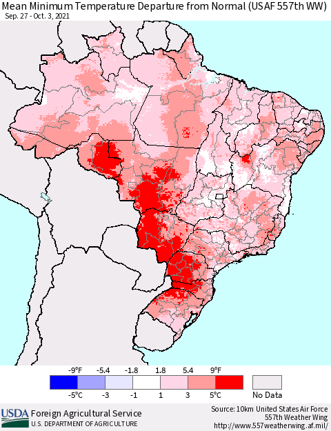 Brazil Mean Minimum Temperature Departure from Normal (USAF 557th WW) Thematic Map For 9/27/2021 - 10/3/2021