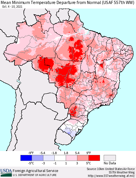 Brazil Mean Minimum Temperature Departure from Normal (USAF 557th WW) Thematic Map For 10/4/2021 - 10/10/2021