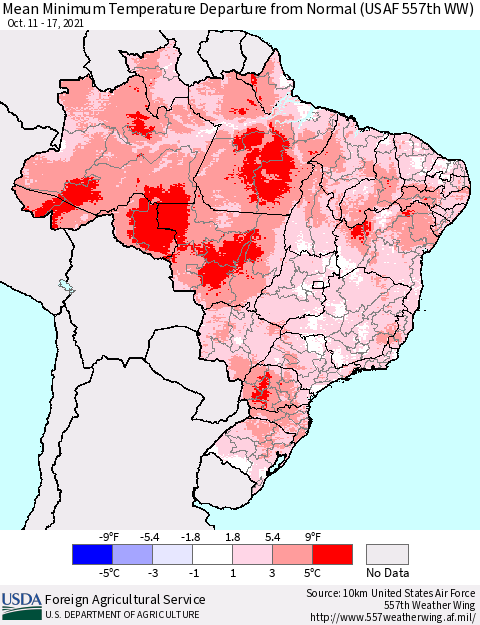 Brazil Mean Minimum Temperature Departure from Normal (USAF 557th WW) Thematic Map For 10/11/2021 - 10/17/2021