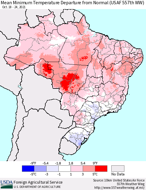 Brazil Mean Minimum Temperature Departure from Normal (USAF 557th WW) Thematic Map For 10/18/2021 - 10/24/2021