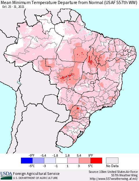 Brazil Mean Minimum Temperature Departure from Normal (USAF 557th WW) Thematic Map For 10/25/2021 - 10/31/2021