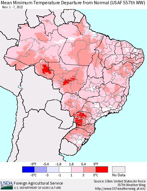 Brazil Mean Minimum Temperature Departure from Normal (USAF 557th WW) Thematic Map For 11/1/2021 - 11/7/2021