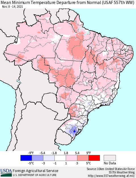 Brazil Mean Minimum Temperature Departure from Normal (USAF 557th WW) Thematic Map For 11/8/2021 - 11/14/2021