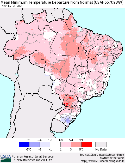 Brazil Mean Minimum Temperature Departure from Normal (USAF 557th WW) Thematic Map For 11/15/2021 - 11/21/2021