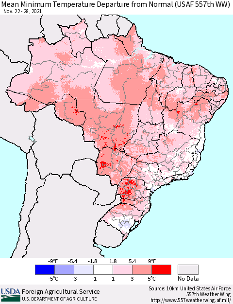 Brazil Mean Minimum Temperature Departure from Normal (USAF 557th WW) Thematic Map For 11/22/2021 - 11/28/2021