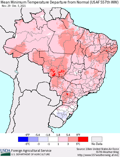 Brazil Mean Minimum Temperature Departure from Normal (USAF 557th WW) Thematic Map For 11/29/2021 - 12/5/2021