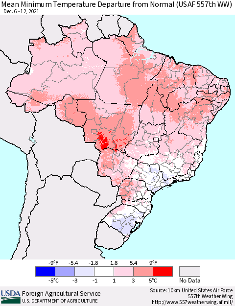 Brazil Mean Minimum Temperature Departure from Normal (USAF 557th WW) Thematic Map For 12/6/2021 - 12/12/2021