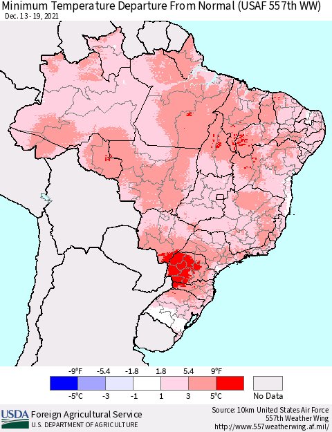 Brazil Mean Minimum Temperature Departure from Normal (USAF 557th WW) Thematic Map For 12/13/2021 - 12/19/2021